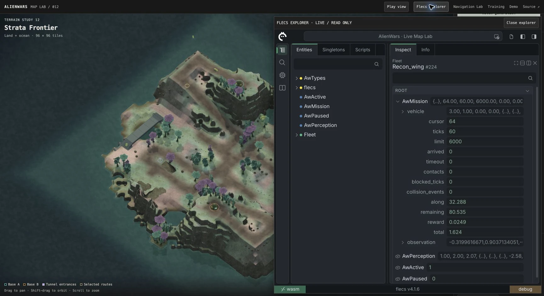 Official Flecs Explorer displaying live unit components beside the Temperate battlefield