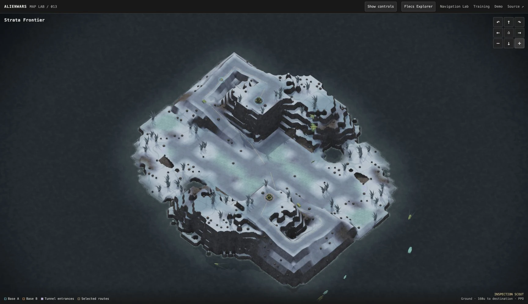 Frozen map with snow, icy ground and winding coastal cliffs