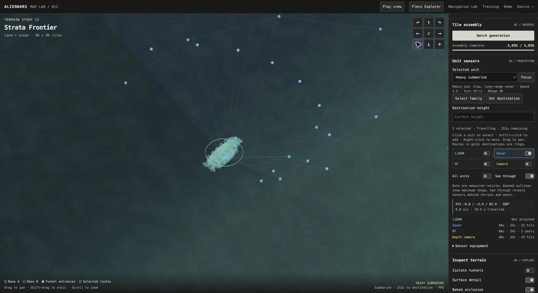 Heavy submarine visible beneath the water with sonar enabled