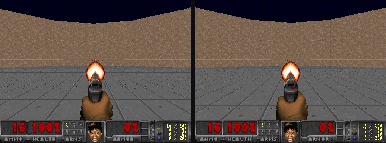 Two frames of an empty room with the pistol raised and a bright muzzle flash in the centre
