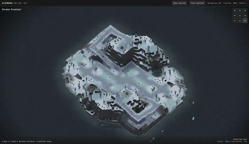 Procedurally generated frozen map in AlienWars Map Lab