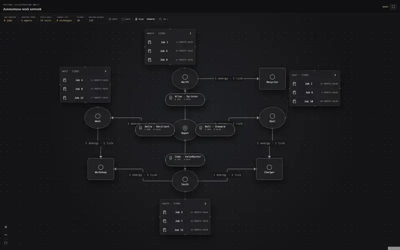 Axionomy Studio graph of agents, jobs and facilities