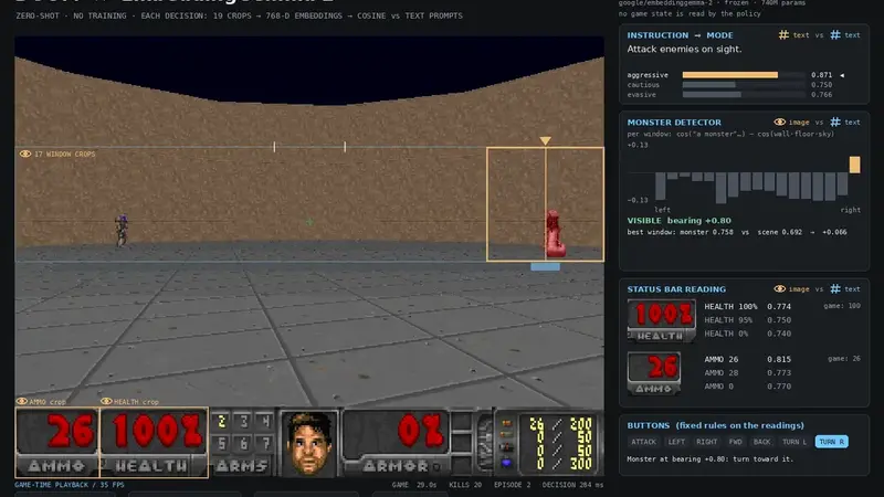 EmbeddingGemma 2 playing Doom, with its crop and prompt readouts