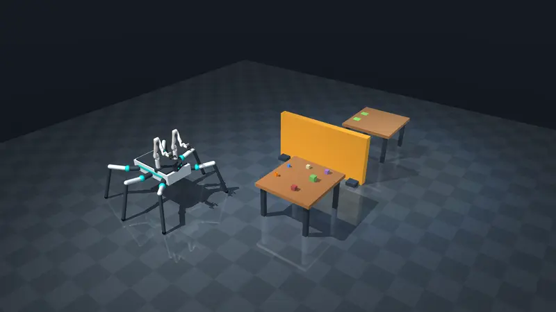 Six-legged robot with two arms carrying objects between tables in MuJoCo
