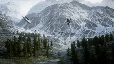 Fixed-wing aircraft over snowy mountains in the Hivemind demo