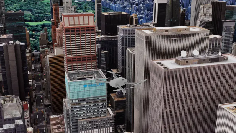 Simulated multirotor over Midtown Manhattan in Isaac Sim