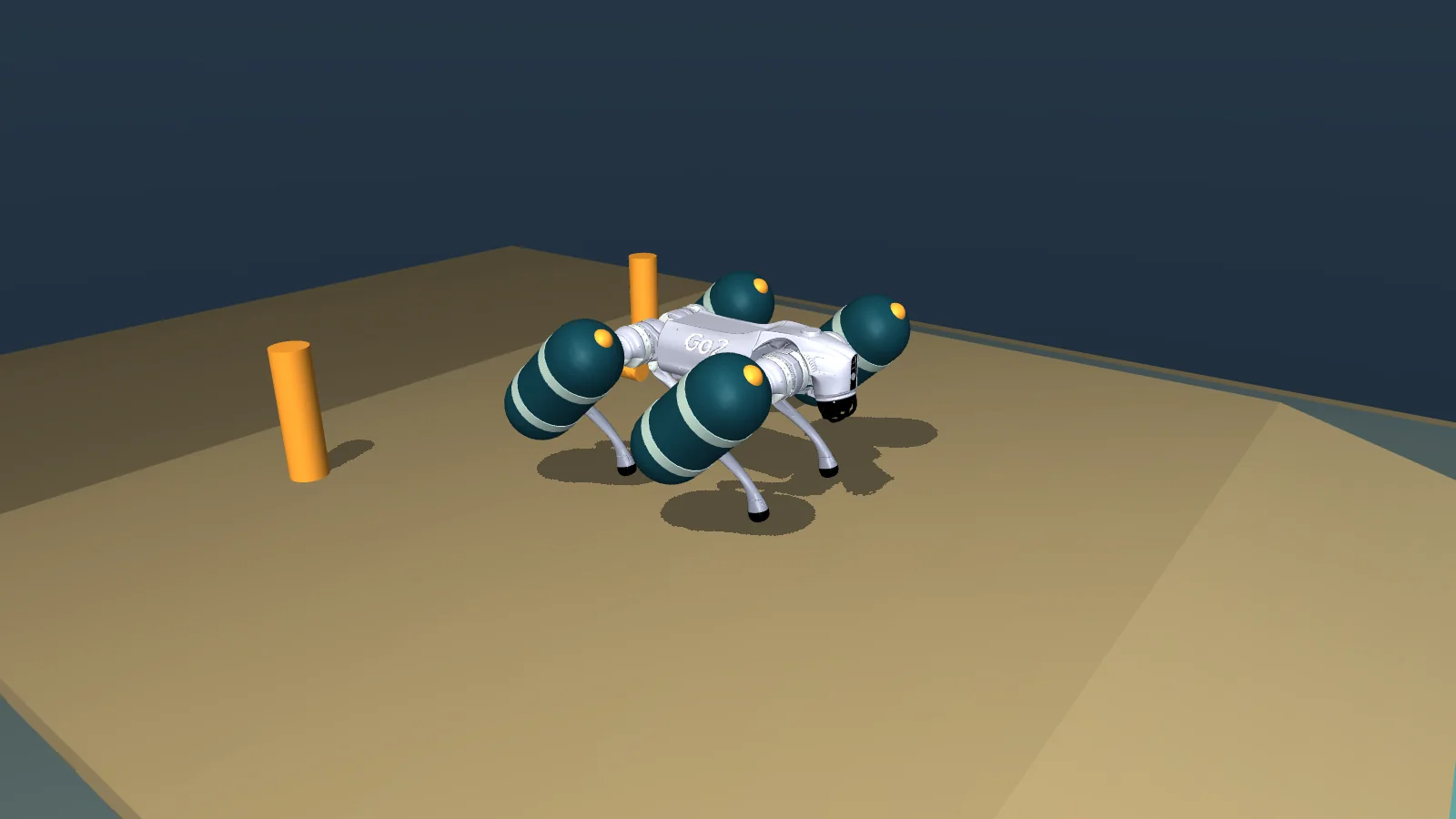 Close-up of the Go2 model standing on sand with four dark teal float capsules strapped to its thighs