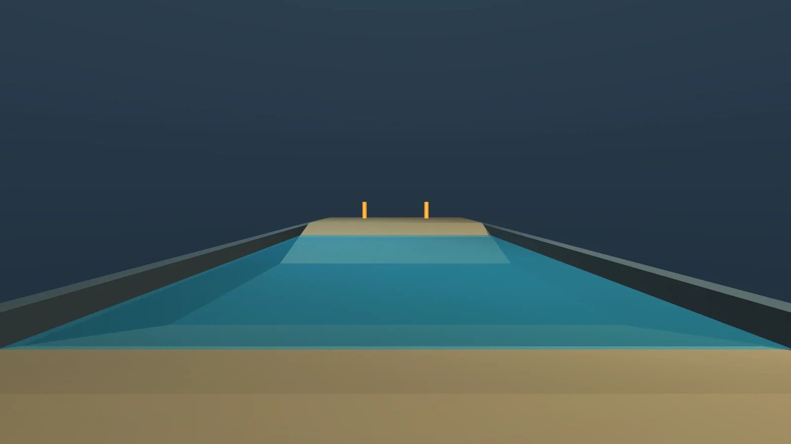 View from the robot's body camera down the basin toward the far bank