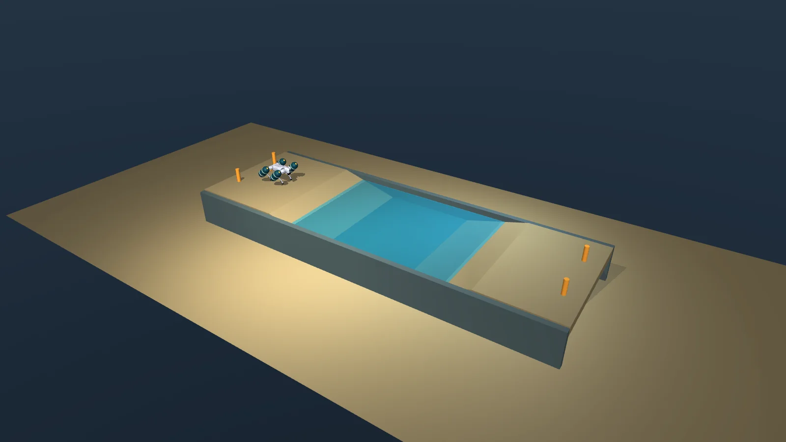 The basin from above: two sand banks, ramps down to a blue basin, the robot with floats on the near bank