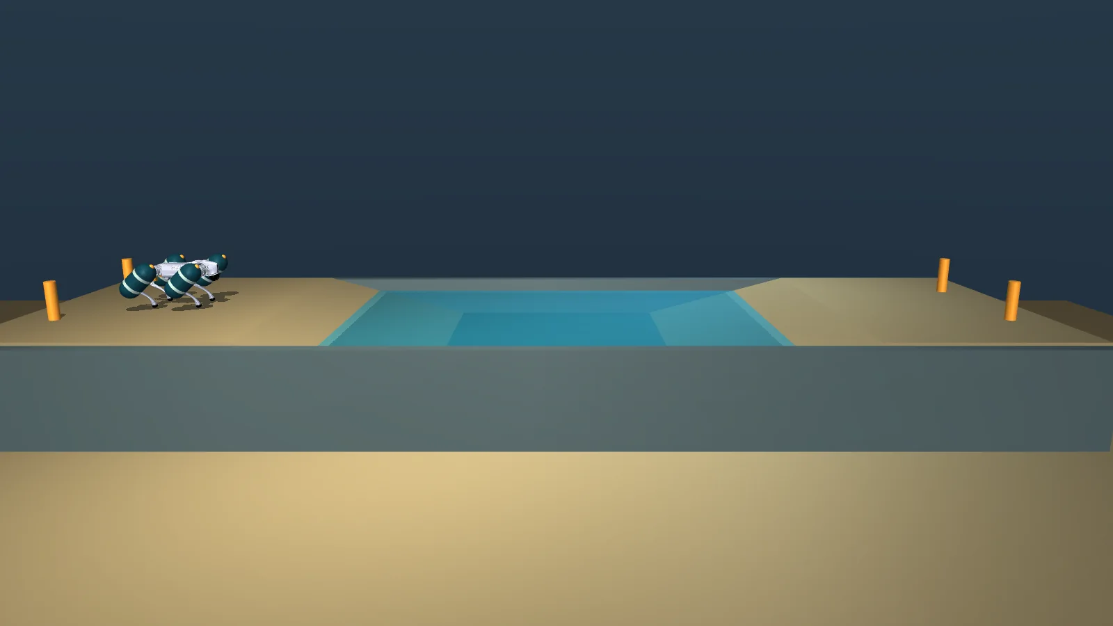 Side view of the basin with the robot standing on the left bank