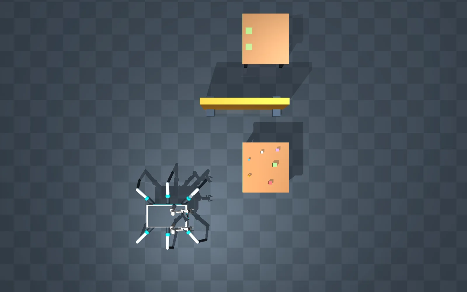 Overhead view: the hexapod at its start, the source table, the barrier and the destination table with two green marks