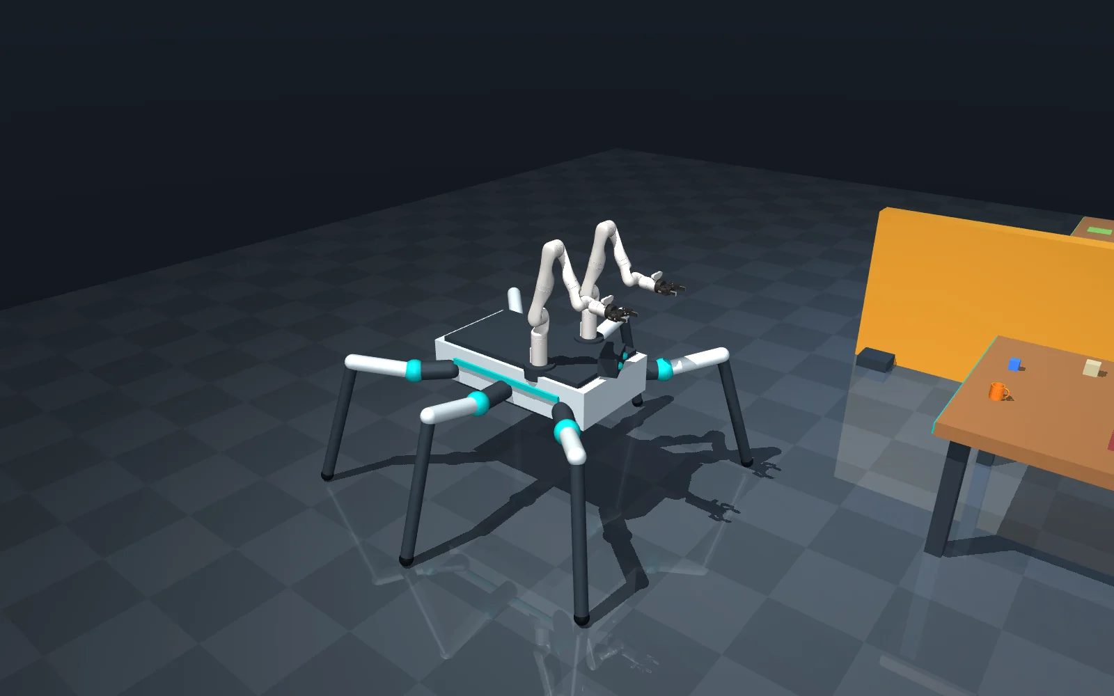 The hexapod with two white Kinova arms on its deck, next to the source table