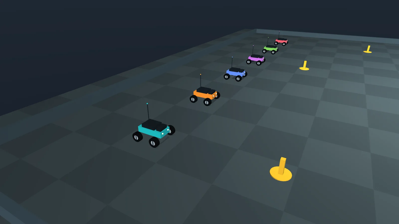 Close view of the six coloured rovers in their starting column, with antennas, four wheels each and yellow markers nearby