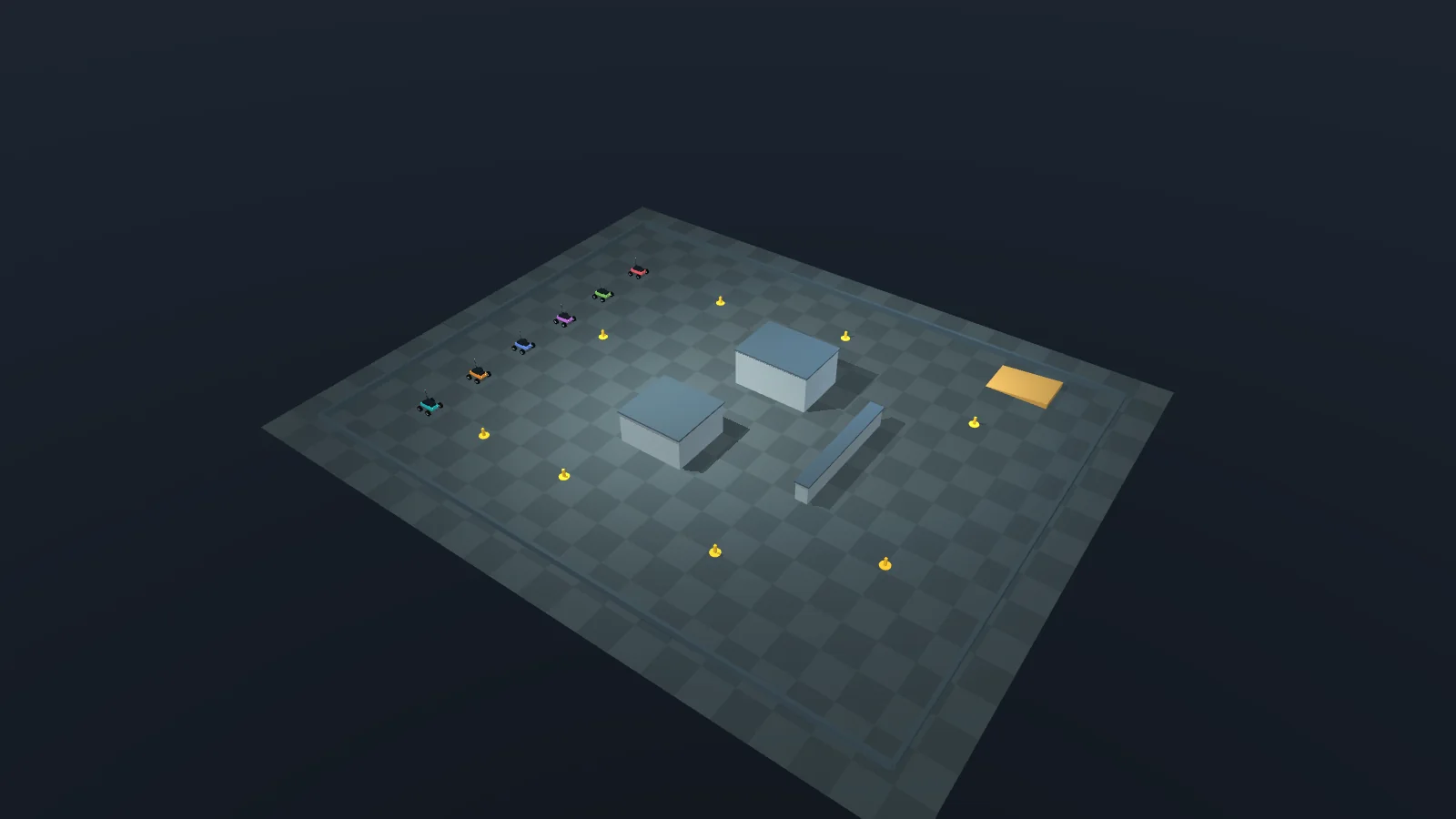 Overview of the inspection yard with two buildings, a wall, an orange ramp, eight yellow markers and six rovers in a starting column