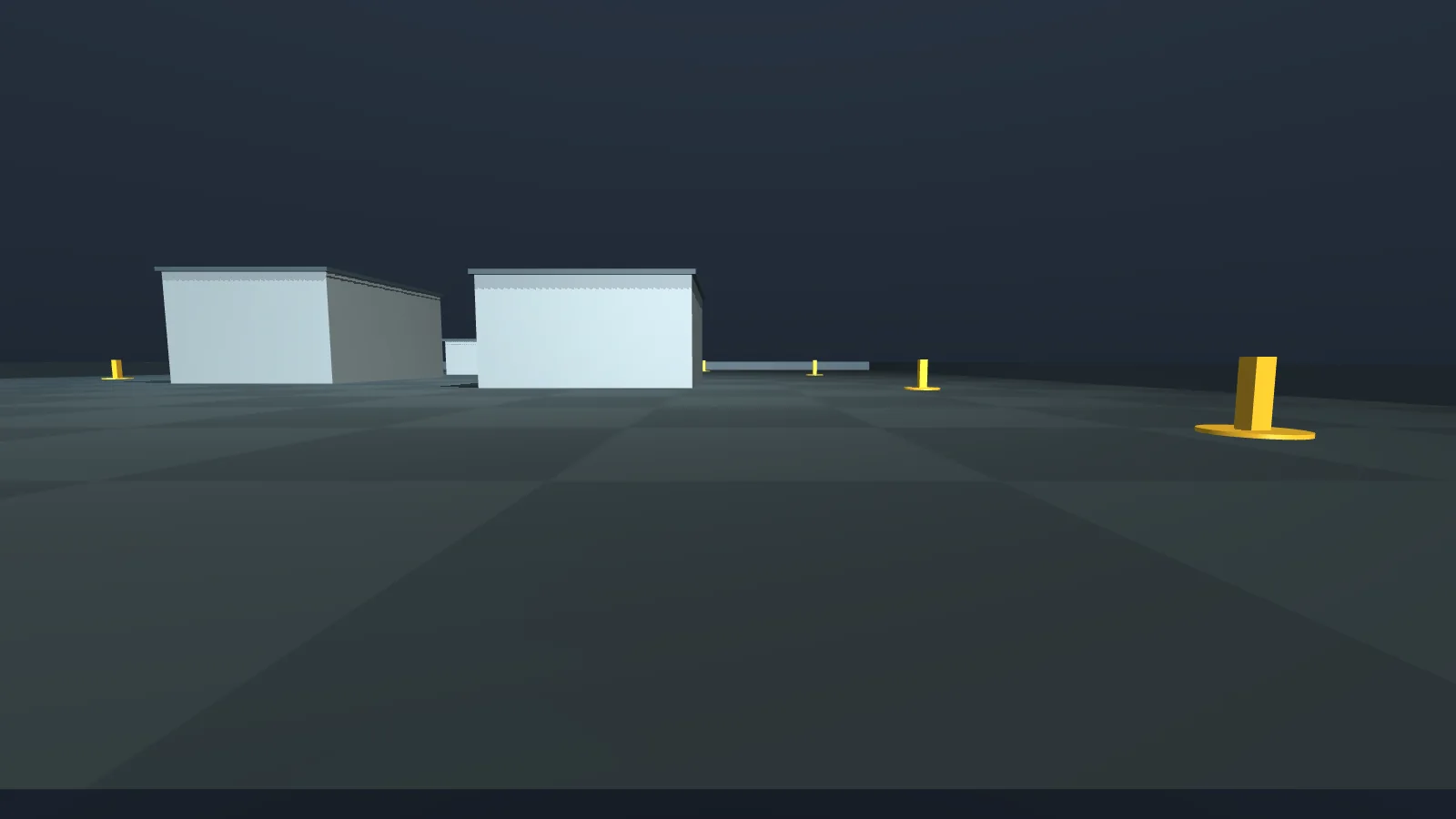 View from R1's front camera at the start, with buildings ahead and several yellow markers at different distances