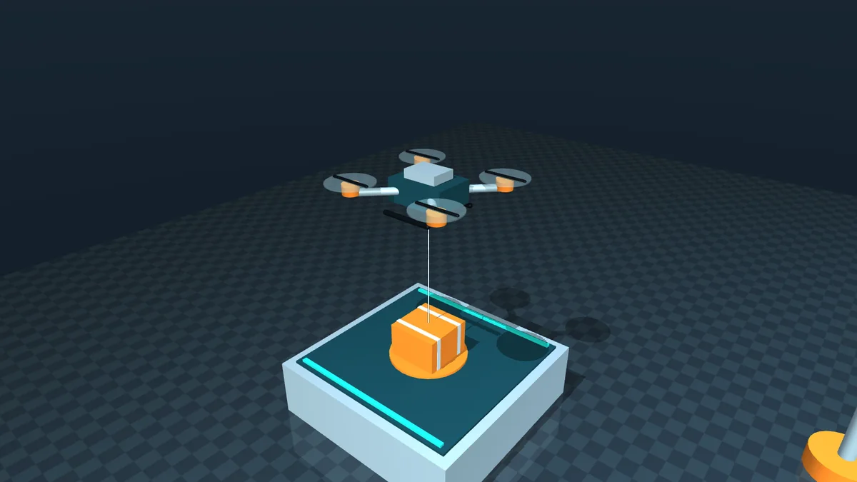 Quadrotor hovering over the parcel on its cable