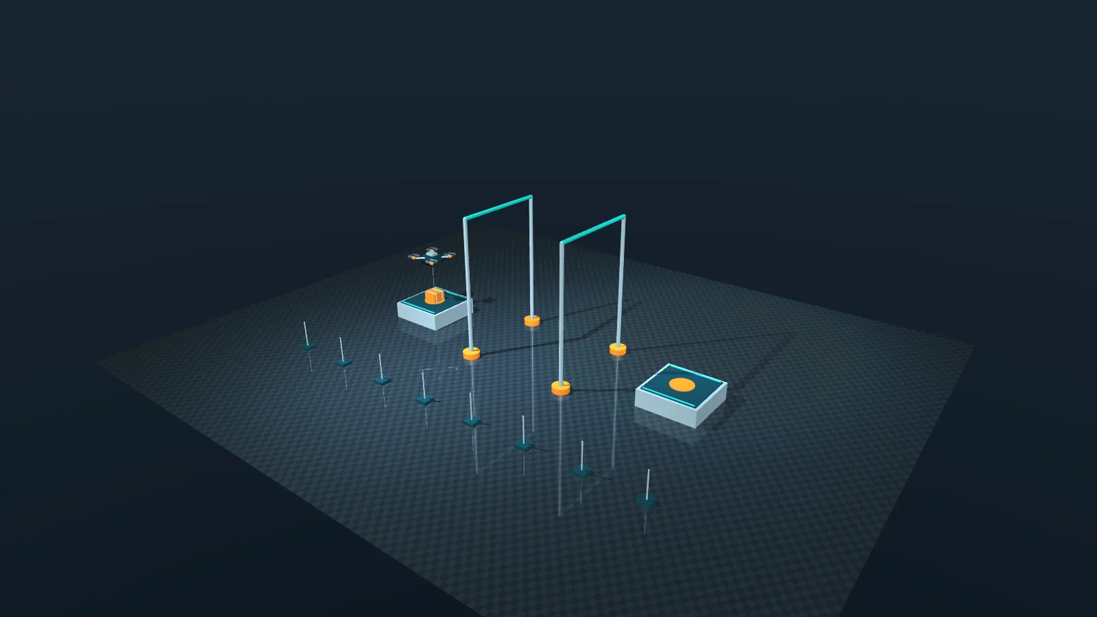 The course: pickup platform with quadrotor and parcel, two gates, delivery platform