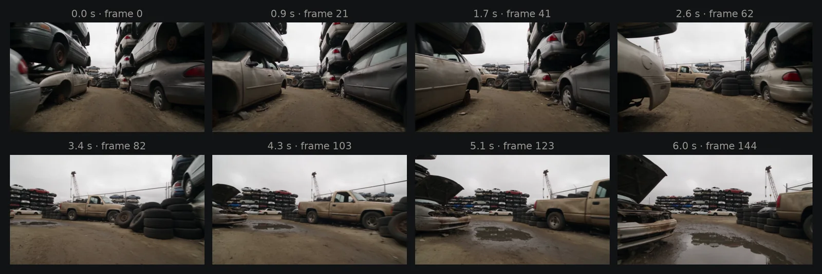 Eight frames of the generated junkyard video, from the dirt lane between stacked cars to the pickup truck and an open-hood car