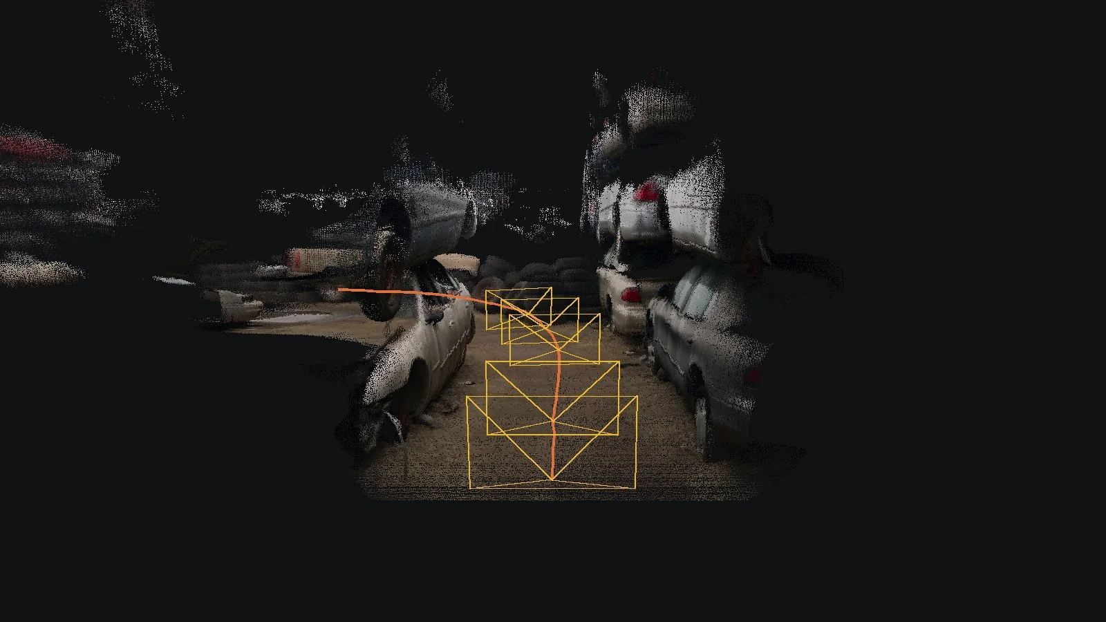 The final map from behind the robot's starting point, with keyframe frustums along the path