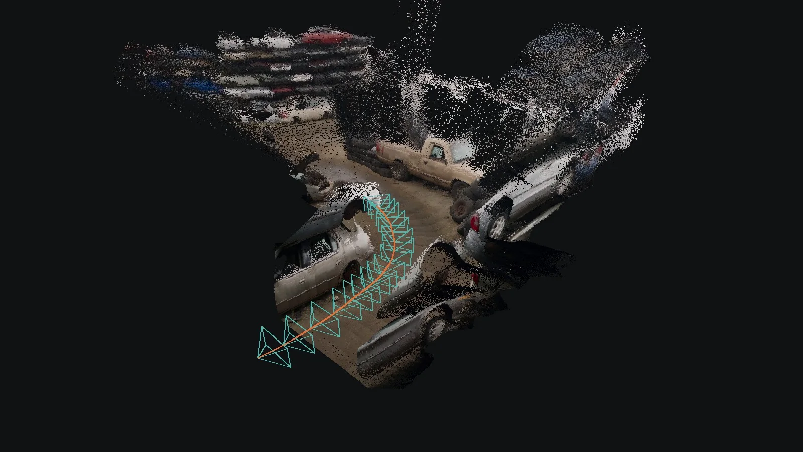 Submap 2's points in 3D with its 32 camera frustums along the path
